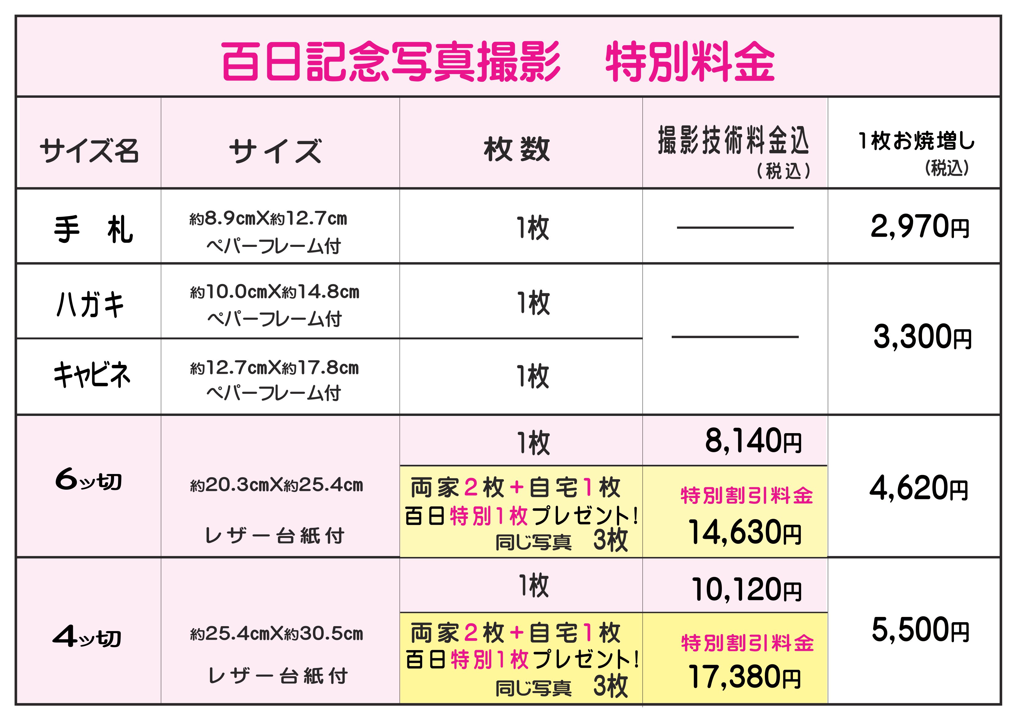 特別百日撮影料金表